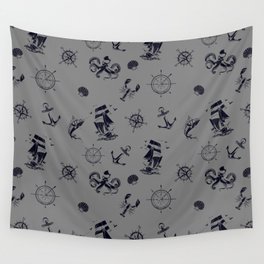 Grey And Blue Silhouettes Of Vintage Nautical Pattern Wall Tapestry