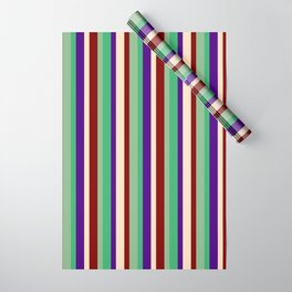 [ Thumbnail: Vibrant Sea Green, Indigo, Bisque, Maroon & Dark Sea Green Colored Lines Pattern Wrapping Paper ]
