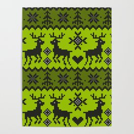 reindeer pattern green and black color cute winter christmas pixel style pattern Poster