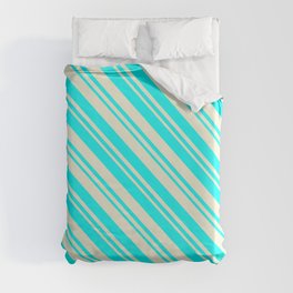 [ Thumbnail: Beige & Cyan Colored Pattern of Stripes Duvet Cover ]