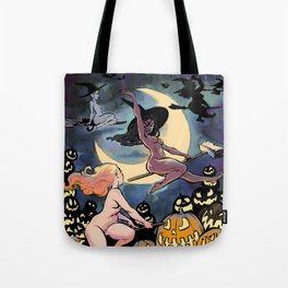 Witches flying over the pumpkin patch Tote Bag