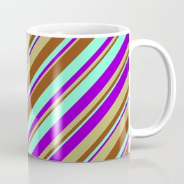 [ Thumbnail: Aquamarine, Dark Violet, Dark Khaki, and Brown Colored Stripes/Lines Pattern Coffee Mug ]
