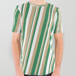 [ Thumbnail: Tan, Sea Green, and White Colored Lined Pattern All Over Graphic Tee ]