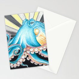 Blue Octopus Tentacles Kraken Retro Stripes Ink Art Stationery Card