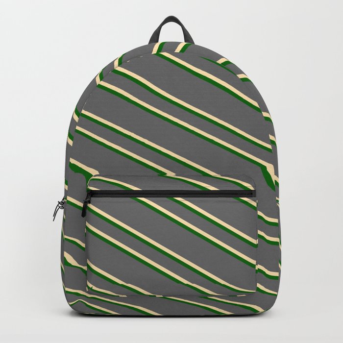 Dim Grey, Beige & Dark Green Colored Striped/Lined Pattern Backpack