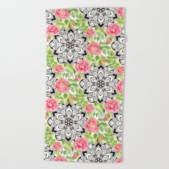 Peach Pink Roses and Mandalas on Lime Green and White Beach Towel