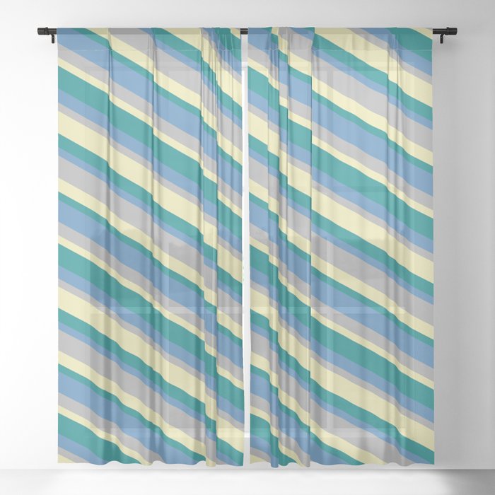 Blue, Dark Gray, Pale Goldenrod, and Teal Colored Striped Pattern Sheer Curtain