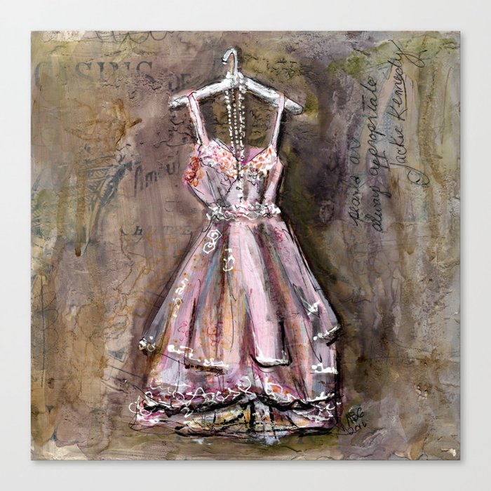 Vintage Pink Dress with Pearls Mixed Media Canvas Print