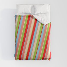 [ Thumbnail: Colorful Bisque, Green, Red, Sky Blue, and Salmon Colored Striped Pattern Duvet Cover ]