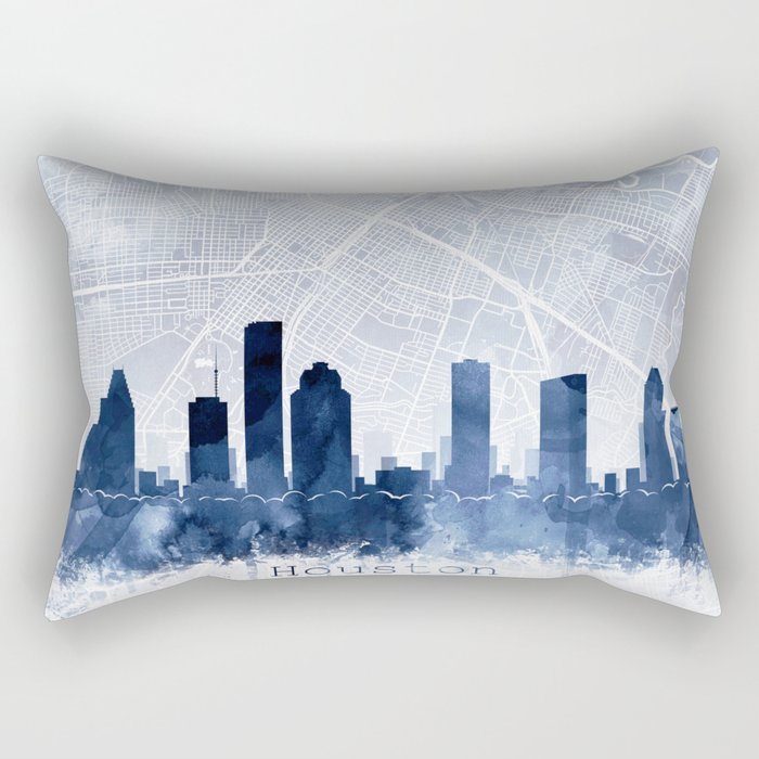 Houston Skyline & Map Watercolor Navy Blue, Print by Zouzounio Art Rectangular Pillow