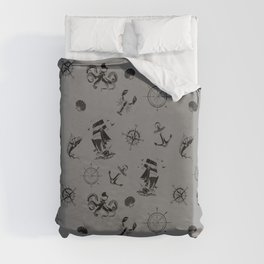 Grey And Black Silhouettes Of Vintage Nautical Pattern Duvet Cover