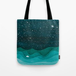 Starry Ocean, teal sailboat watercolor sea waves night Tote Bag