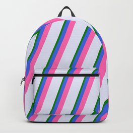 [ Thumbnail: Lavender, Green, Royal Blue & Hot Pink Colored Pattern of Stripes Backpack ]