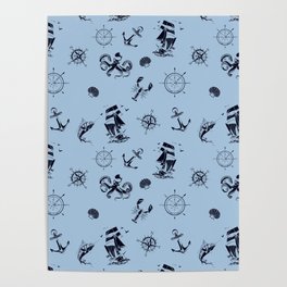 Pale Blue And Blue Silhouettes Of Vintage Nautical Pattern Poster