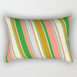[ Thumbnail: Salmon, Dark Goldenrod, Light Grey, Forest Green, and Beige Colored Striped/Lined Pattern Rectangular Pillow ]