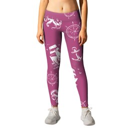 Magenta And White Silhouettes Of Vintage Nautical Pattern Leggings