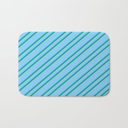 [ Thumbnail: Light Sky Blue, Deep Sky Blue, and Forest Green Colored Striped Pattern Bath Mat ]
