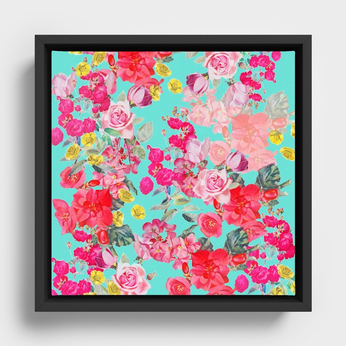 Bright Turquoise/Teal  Antique inspired Floral Print With Hot pink, baby Pink, Coral and Yellow Framed Canvas