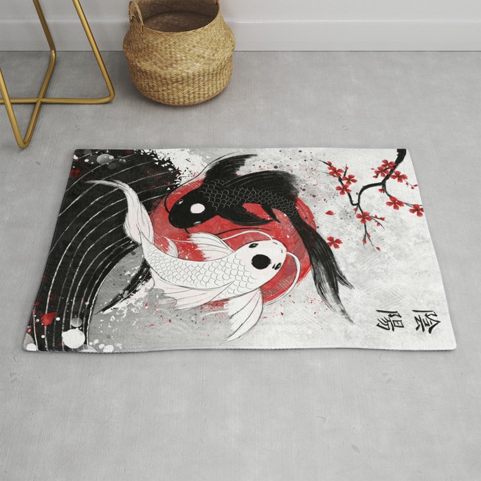Koi Fish Yin Yang Rug By Ruby Artwork, Yin Yang Rug Black And White Drawings