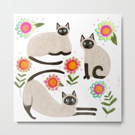 Siamese Cats and flowers Metal Print