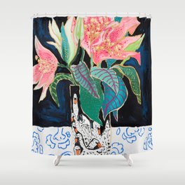 Swan Vase with Pink Lily Flower Bouquet on Dark Blue and Black Winter Floral Shower Curtain