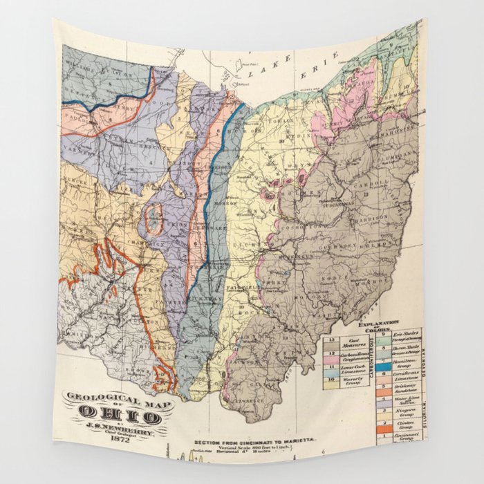 Vintage Geological Map of Ohio (1872) Wall Tapestry by BravuraMedia 