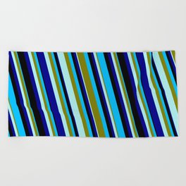 [ Thumbnail: Eyecatching Deep Sky Blue, Green, Turquoise, Dark Blue, and Black Colored Pattern of Stripes Beach Towel ]