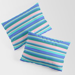 [ Thumbnail: Turquoise, Royal Blue, Dark Cyan, and Pink Colored Stripes Pattern Pillow Sham ]