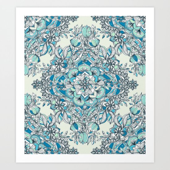 Floral Diamond Doodle in Teal and Turquoise Art Print