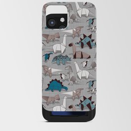Origami dino friends // grey linen texture blue dinosaurs iPhone Card Case