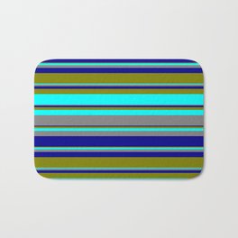 [ Thumbnail: Green, Cyan, Grey, and Dark Blue Colored Striped Pattern Bath Mat ]