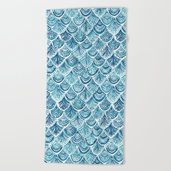 NAVY LIKE A MERMAID Fish Scales Watercolor Beach Towel