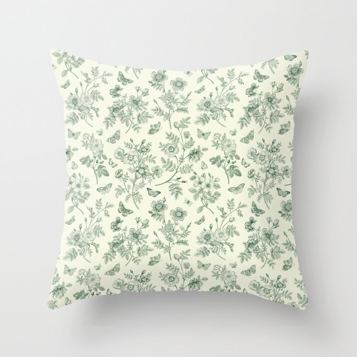 Toile de Jouy Wild Roses & Butterflies Forest Green Floral Throw Pillow