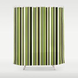 [ Thumbnail: Dark Khaki, Green, Beige, and Black Colored Lined Pattern Shower Curtain ]