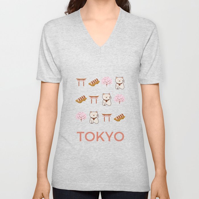 Tokyo Retro Art Vacations Boho Decor Illustration Modern Decor Pink Tones V Neck T Shirt