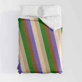 [ Thumbnail: Eye-catching Brown, Green, Tan, Beige & Slate Blue Colored Pattern of Stripes Duvet Cover ]