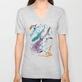 Help Stop Shark Finning - Watercolor Ocean Animals - Fish V Neck T Shirt