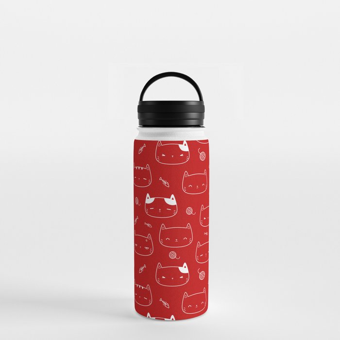 Red and White Doodle Kitten Faces Pattern Water Bottle