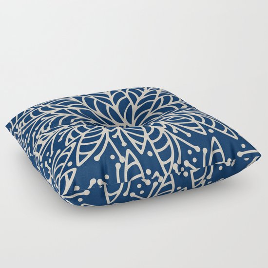 Modern navy blue ivory hand painted floral mandala Floor Pillow by Pink Water Society6