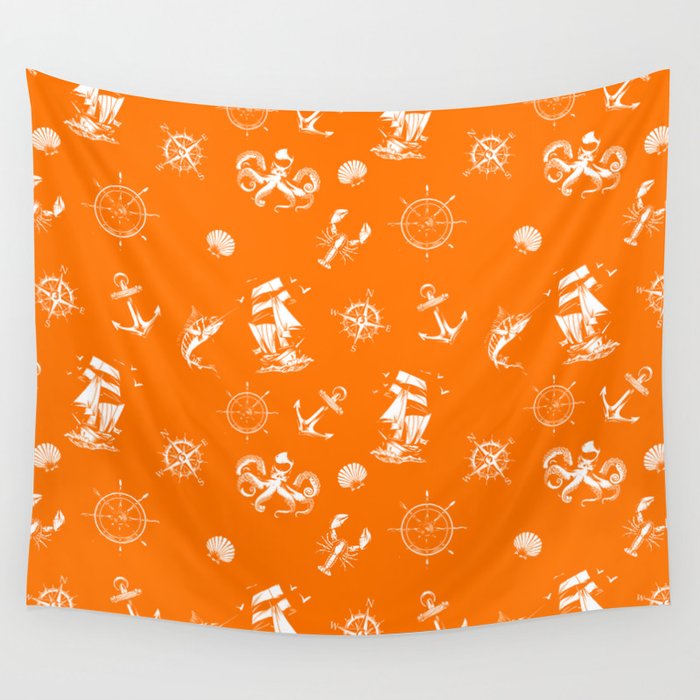 Orange And White Silhouettes Of Vintage Nautical Pattern Wall Tapestry