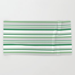 [ Thumbnail: Dark Sea Green, Light Grey, Sea Green & White Colored Lines Pattern Beach Towel ]