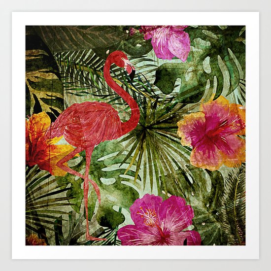 Tropical Vintage Exotic Jungle- Floral and Flamingo watercolor pattern on #Society6 Art Print
