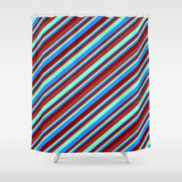 [ Thumbnail: Brown, Aquamarine, Blue, and Maroon Colored Striped/Lined Pattern Shower Curtain ]