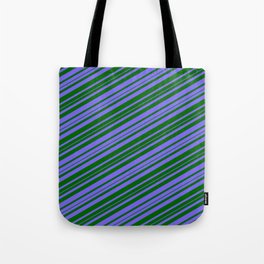 [ Thumbnail: Medium Slate Blue and Dark Green Colored Striped Pattern Tote Bag ]