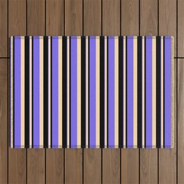 [ Thumbnail: Black, Tan, and Medium Slate Blue Colored Stripes/Lines Pattern Outdoor Rug ]