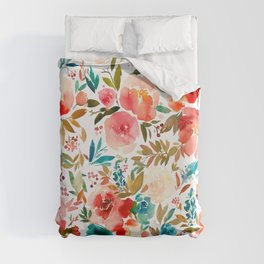Red Turquoise Teal Floral Watercolor Duvet Cover