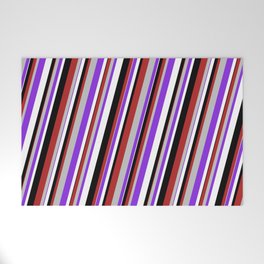 [ Thumbnail: Red, Grey, Purple, White & Black Colored Striped Pattern Welcome Mat ]