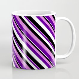 [ Thumbnail: Orchid, Indigo, White, and Black Colored Stripes/Lines Pattern Coffee Mug ]