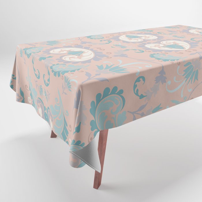 pale peach and blue nautical floral bold paisley flower bohemian Tablecloth