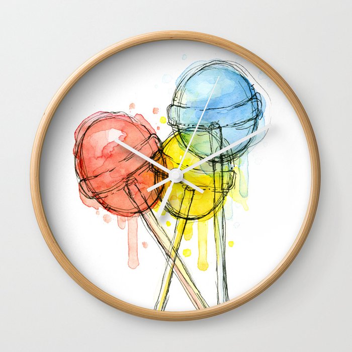 Lollipop Red Blue Yellow Candy Food Watercolor Wall Clock